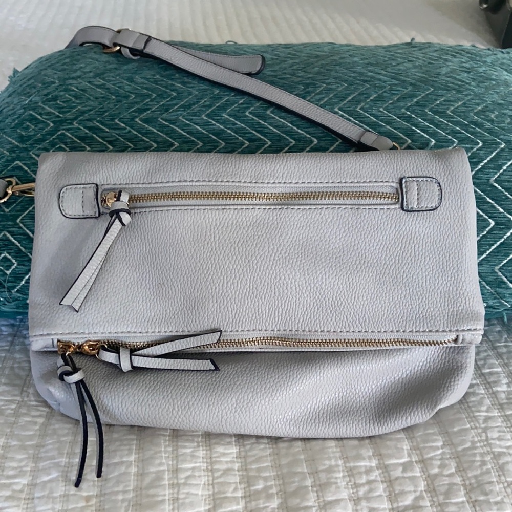 light grey crossbody purse with gold hardware